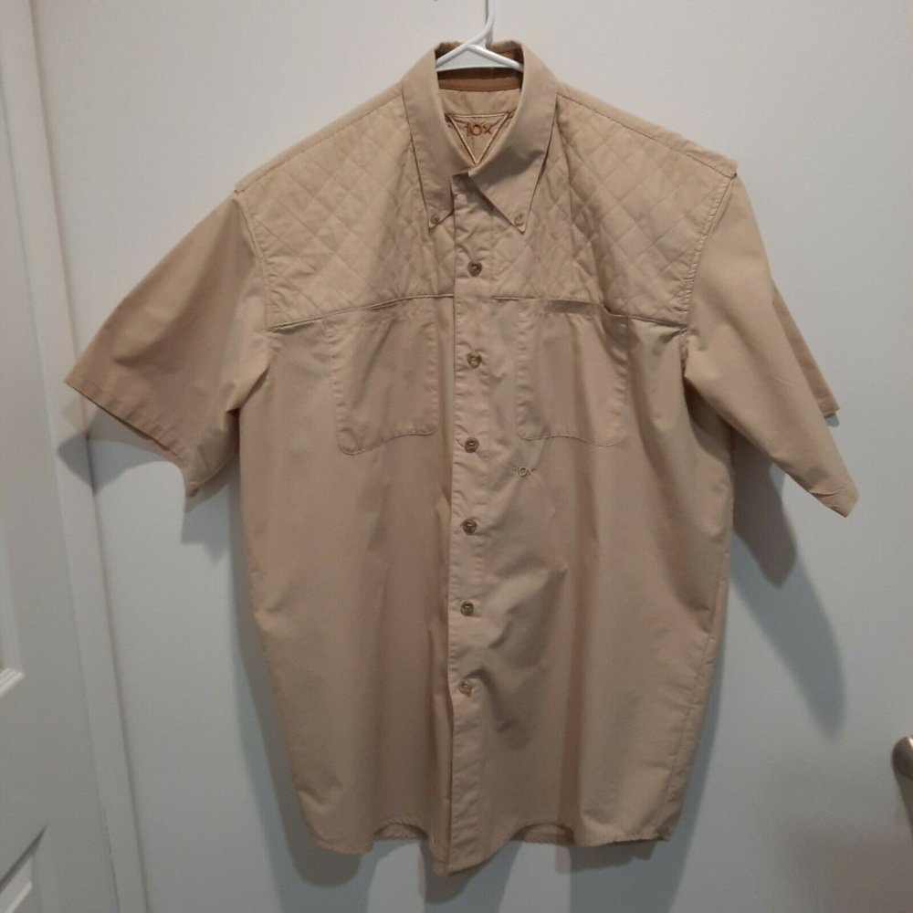 10X Fishing Shirt Size Large Tall Men's Short Sleeve Vented Back Khaki